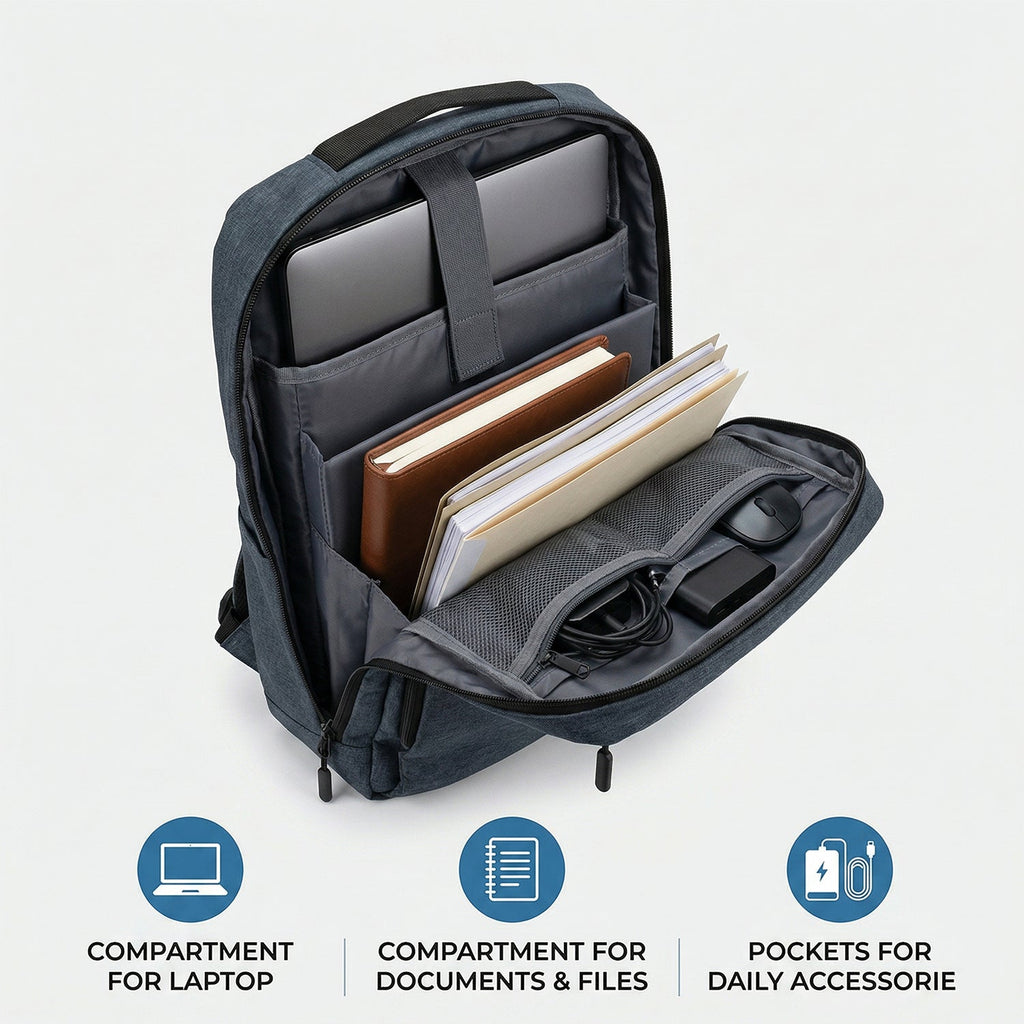 Front view of the travel luggage backpack with multiple compartments