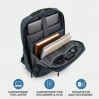 Front view of the travel luggage backpack with multiple compartments
