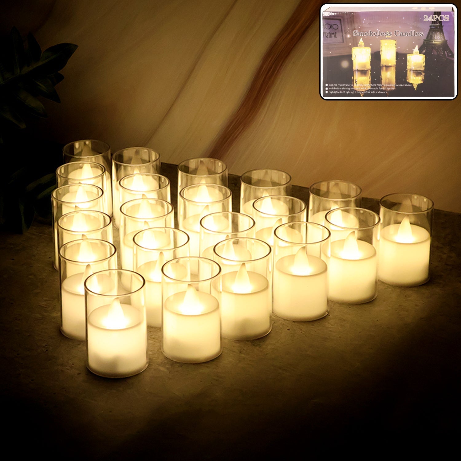 Set of 24 LED tealight candles with transparent glass holders