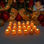 Set of premium glitter LED tealight candles glowing softly in decorative arrangement