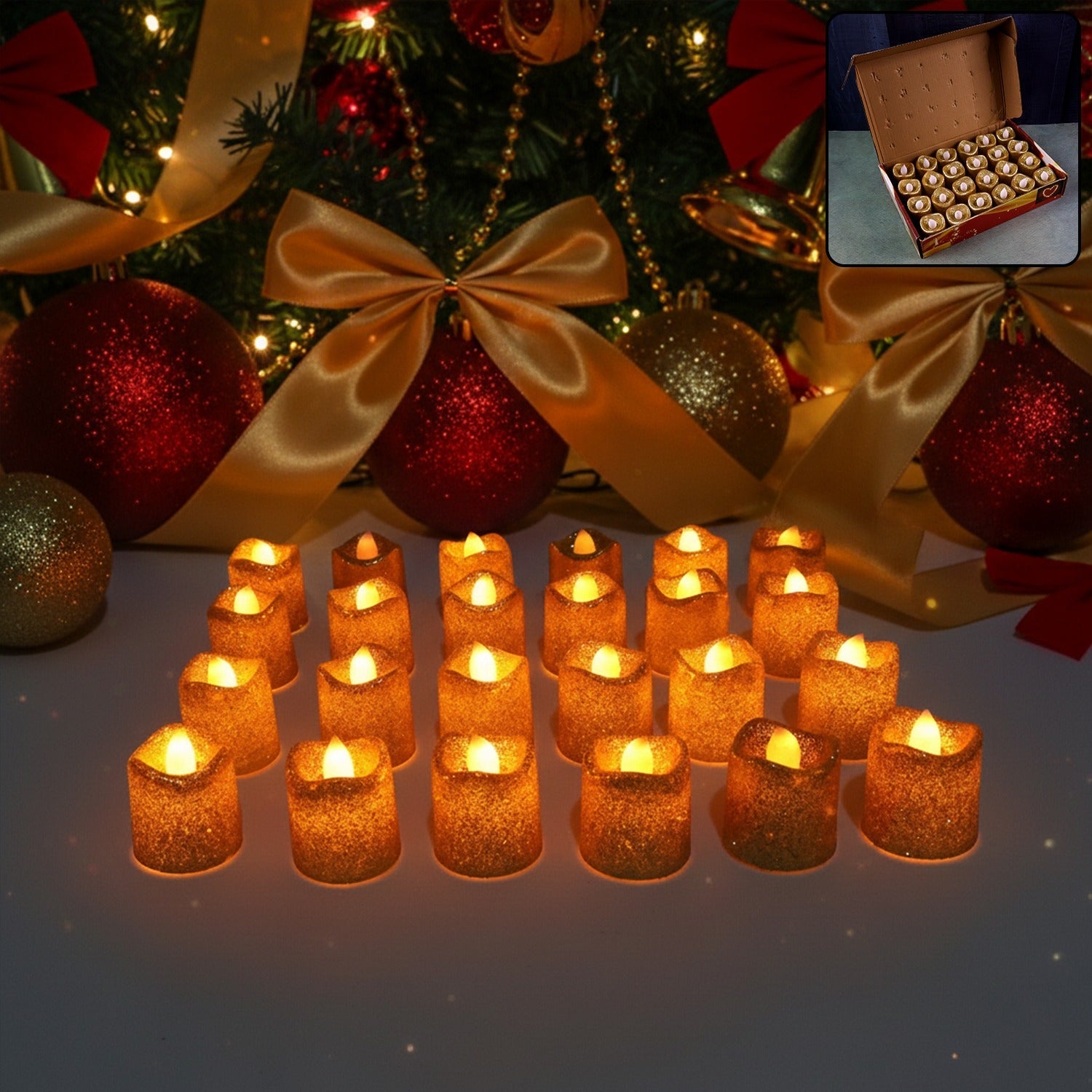 Set of premium glitter LED tealight candles glowing softly in decorative arrangement