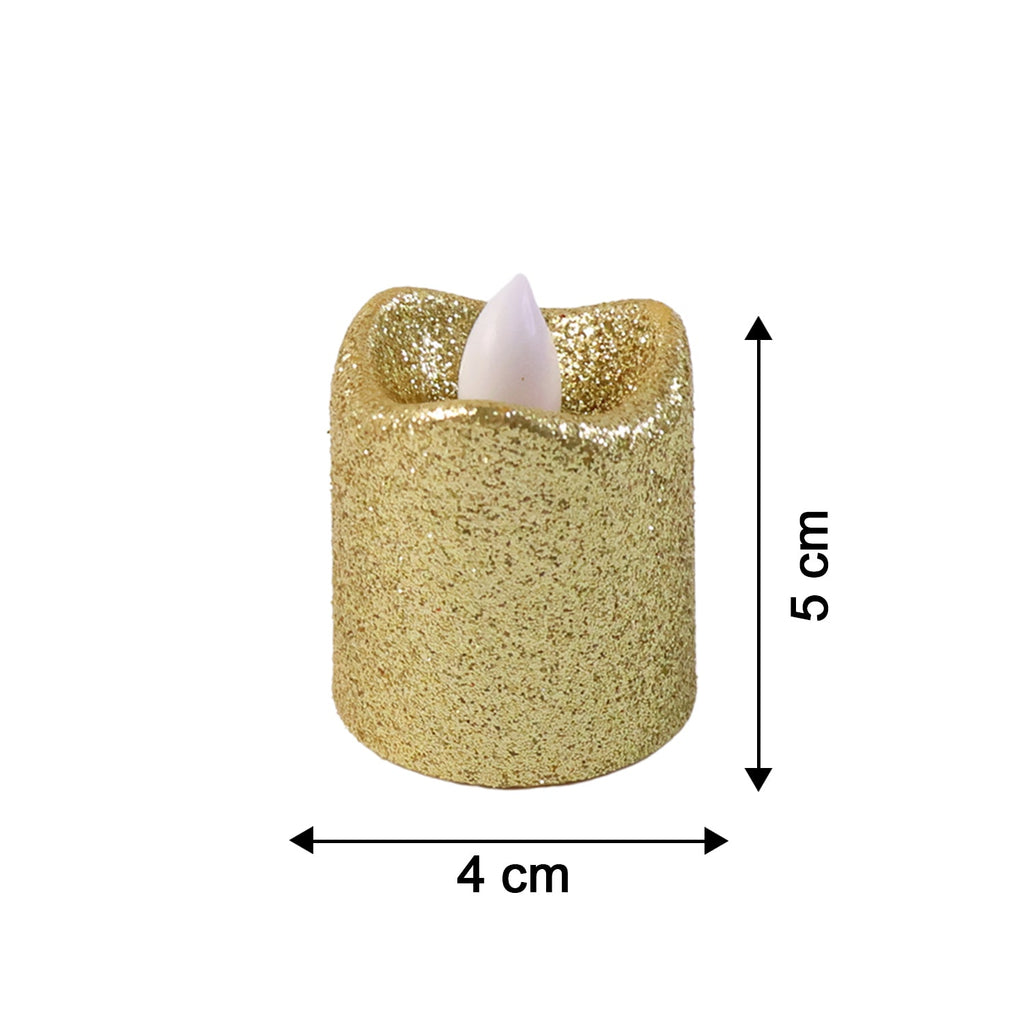 Size comparison of LED tealight candles with glitter finish