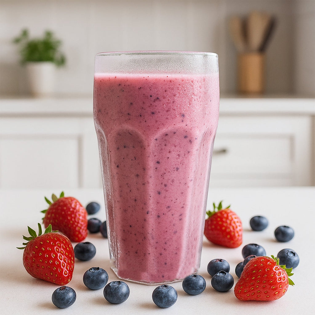 Durable and shatter-resistant transparent smoothie glass tumbler used in home setting