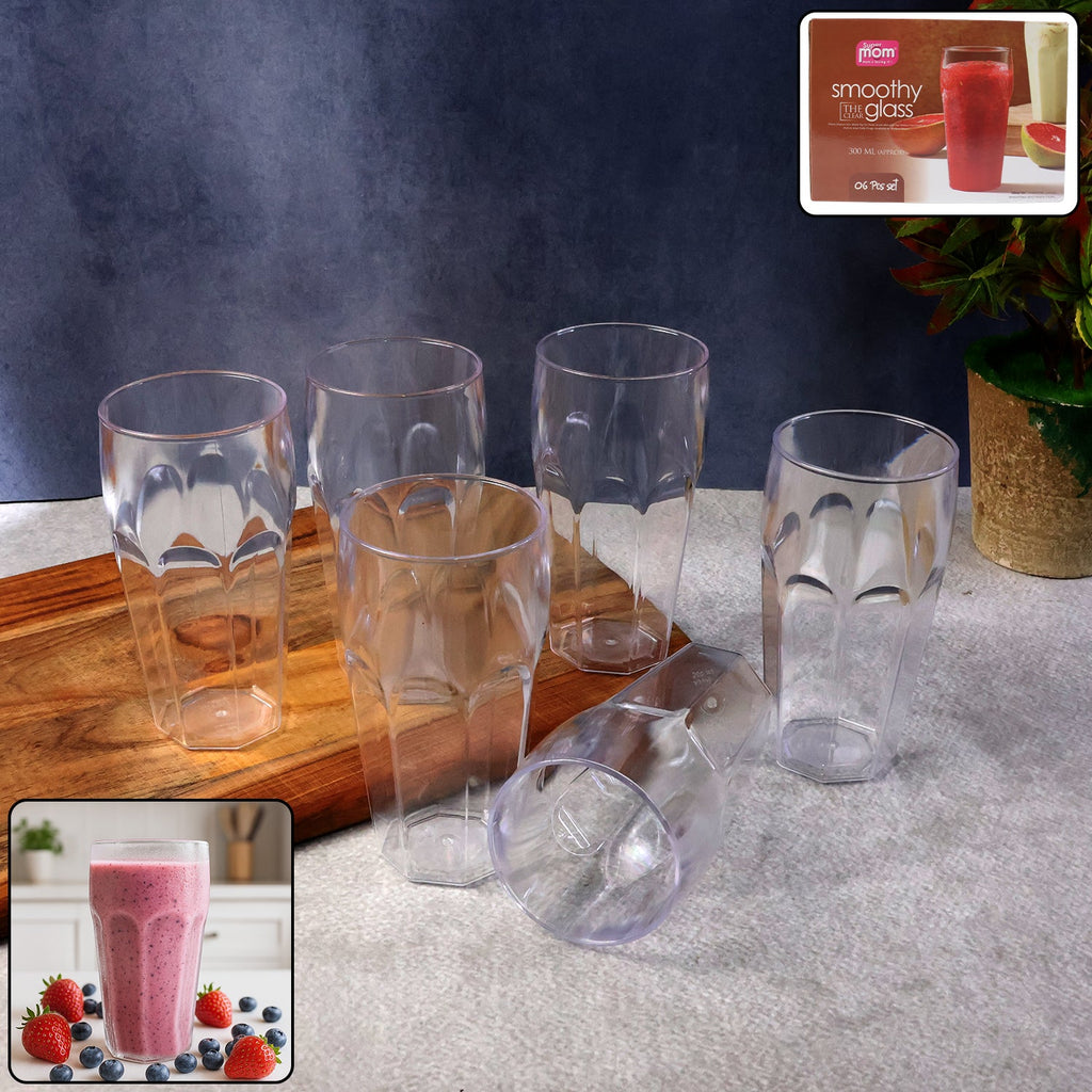 Transparent smoothie glass set showing six clear unbreakable tumblers