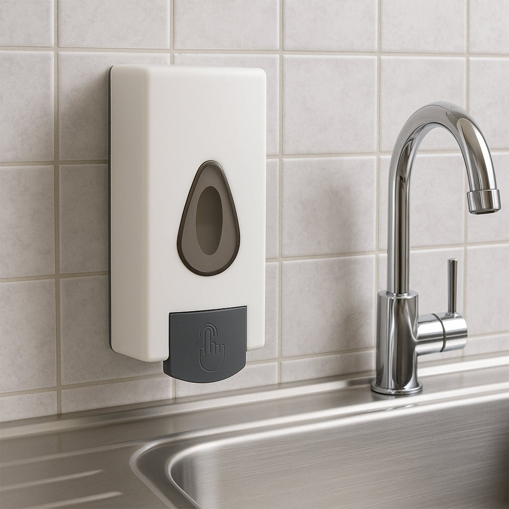 Two wall mounted soap dispensers in a white bathroom, highlighting design.