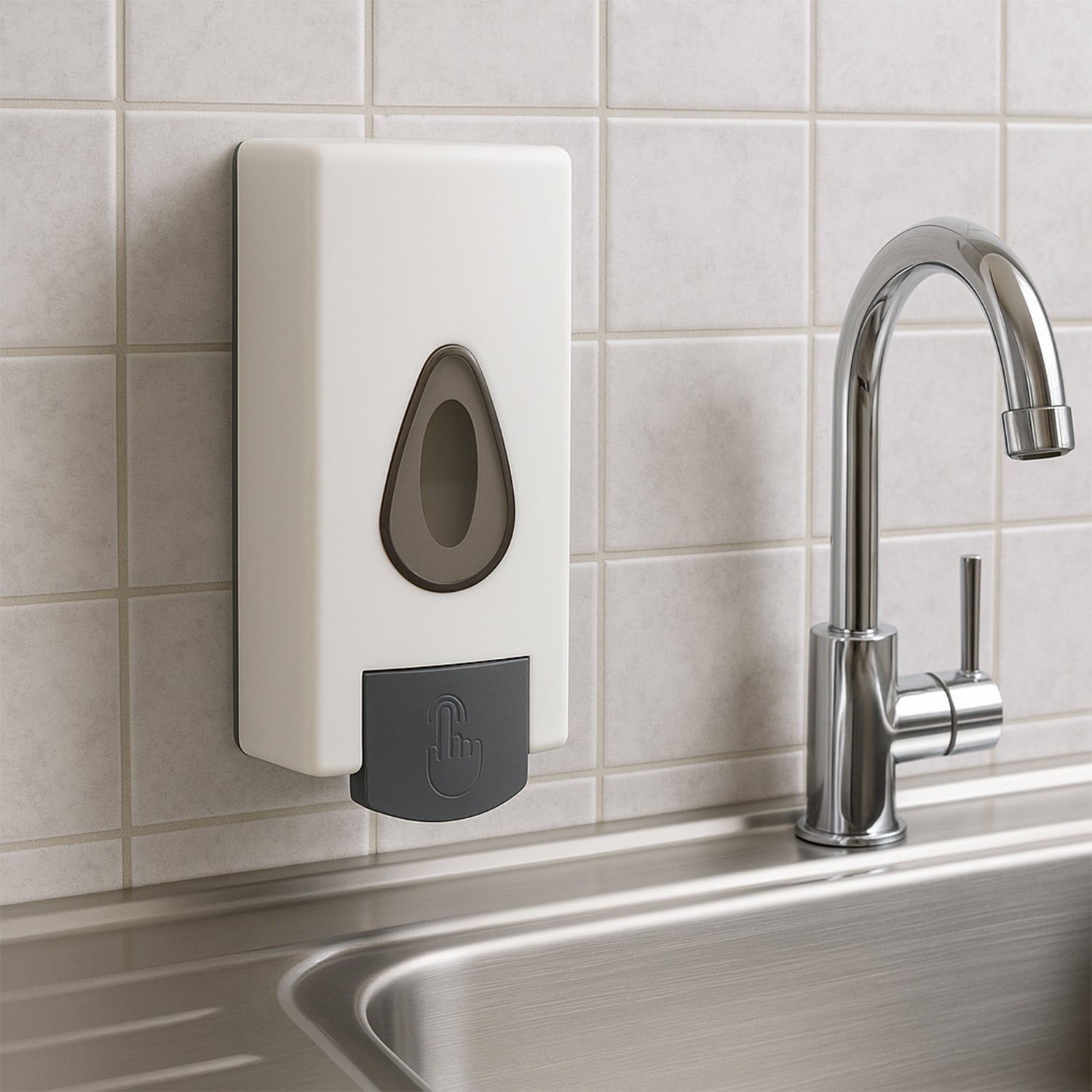 Two wall mounted soap dispensers in a white bathroom, highlighting design.