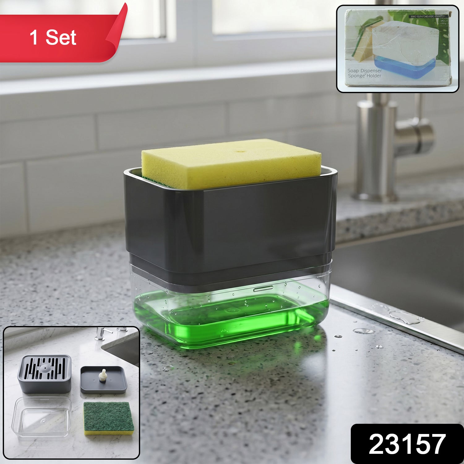 Kitchen sink soap dispenser with sponge storage