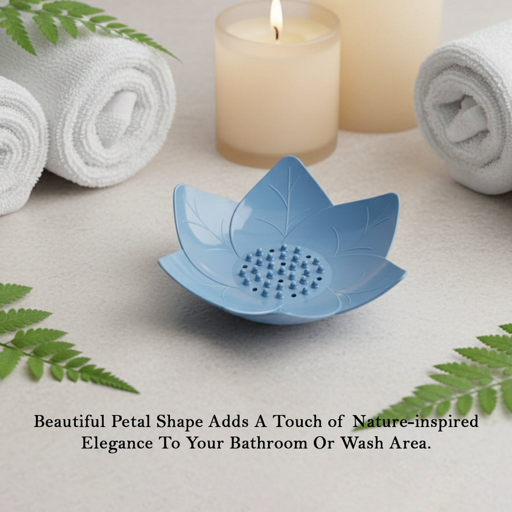 Close-up of lotus blossom soap holder with fast-drain features