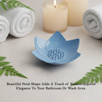 Close-up of lotus blossom soap holder with fast-drain features