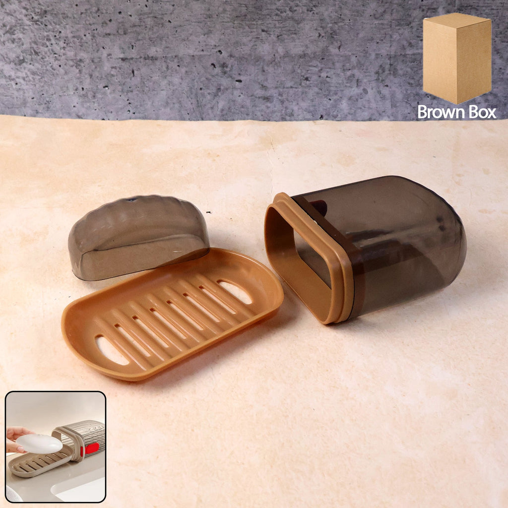 Soap box with ventilated drain tray and protective cover on bathroom countertop