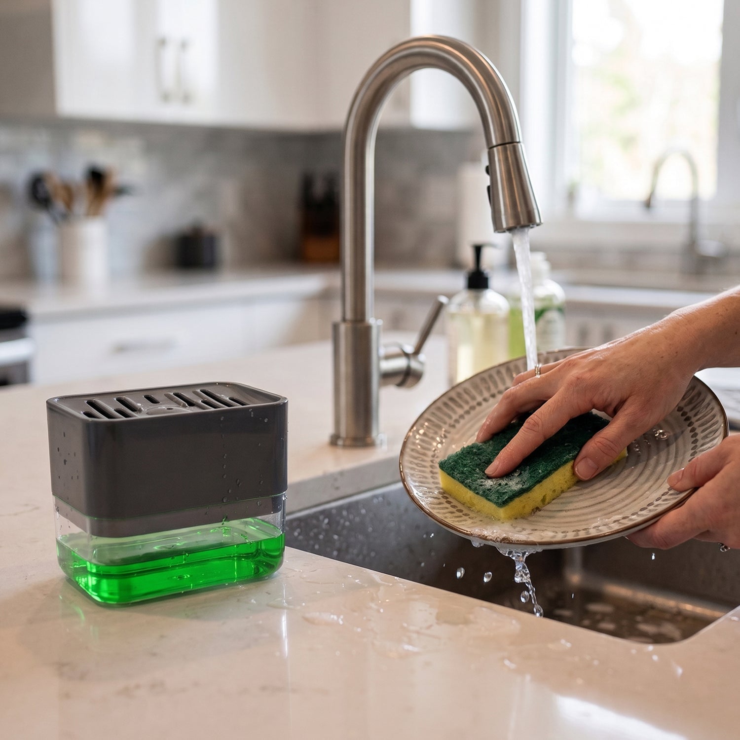 Dishwashing liquid soap dispenser and sponge tray