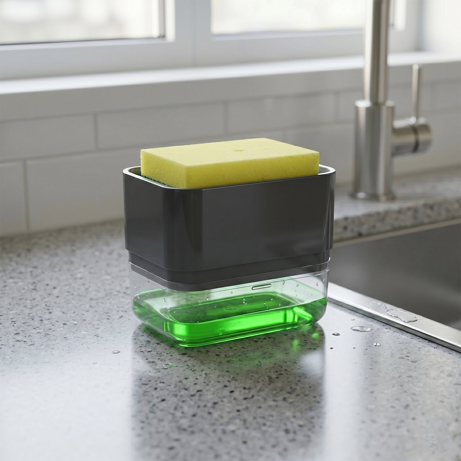 Compact soap dispenser with sponge holder for kitchen