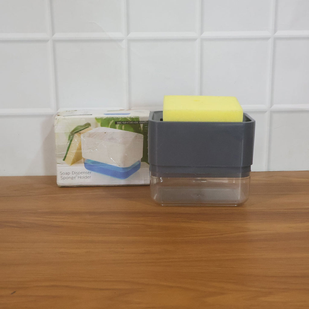 Neatly arranged kitchen sink organizer with soap and sponge