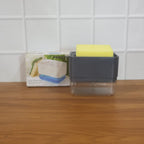 Neatly arranged kitchen sink organizer with soap and sponge