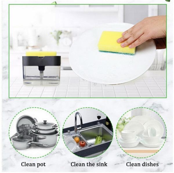 A person's hand pressing the 2-in-1 soap dispenser to release dish soap onto a sponge.