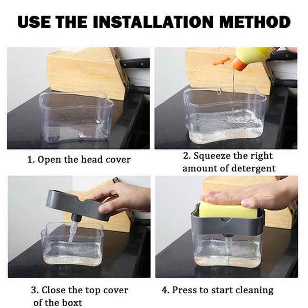 User demonstrating how to dispense liquid soap onto a sponge from the 2-in-1 soap dispenser.