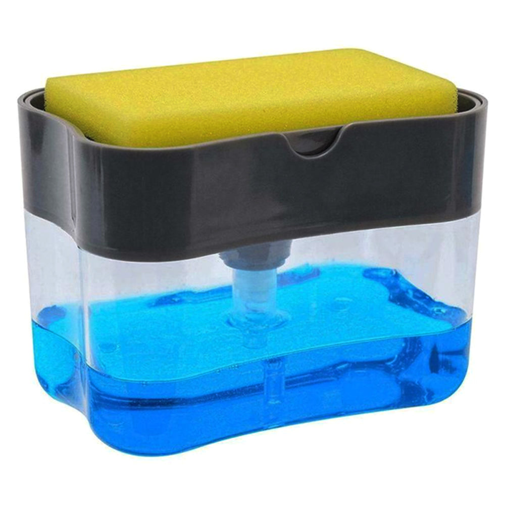 Angled shot of the modern 2-in-1 soap dispenser with a sponge, ready for kitchen use.