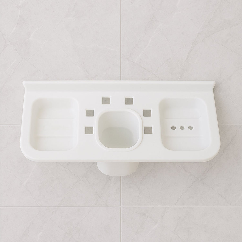 Side profile of the plastic soap dish holding a bar of soap, demonstrating its practical use.