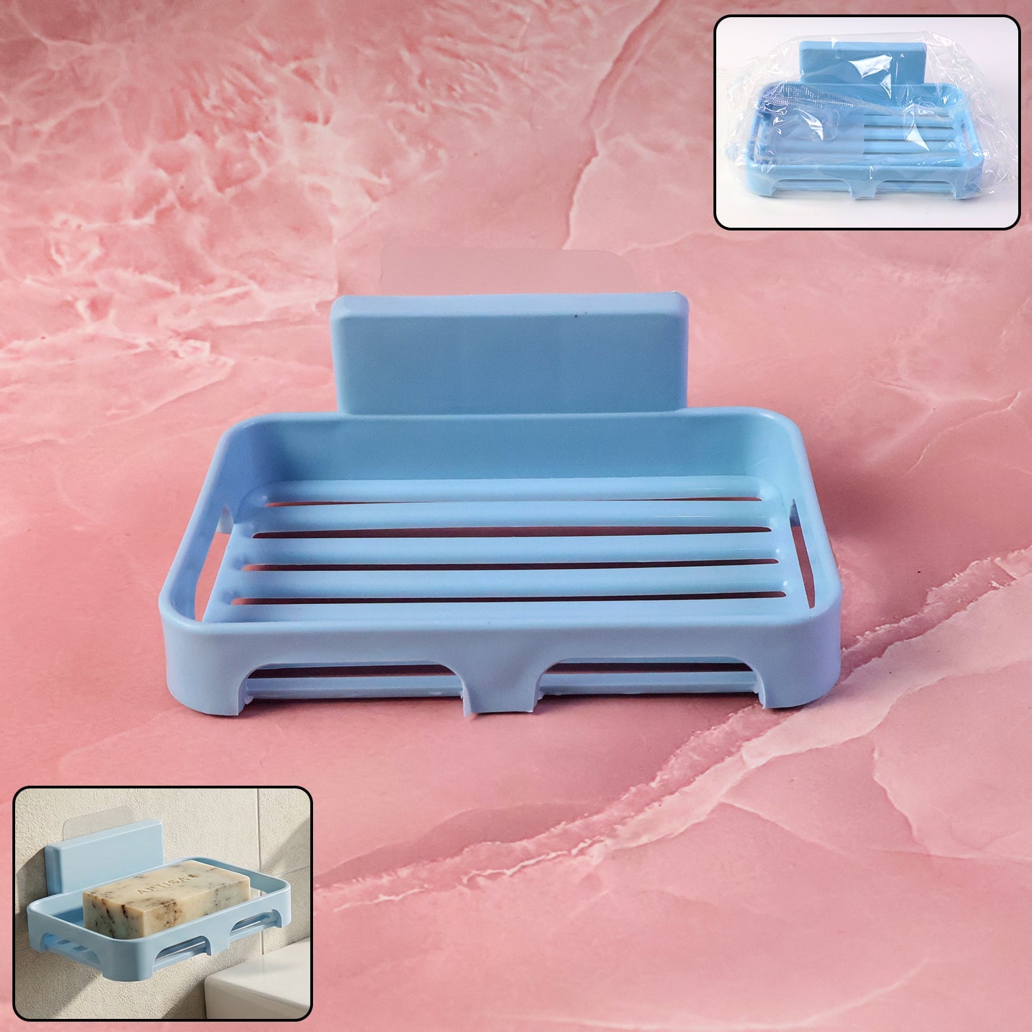 Plastic soap dish with drain slots and self-adhesive wall mount