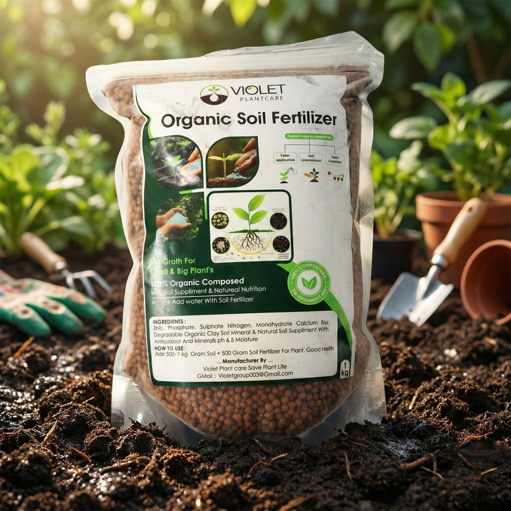 Organic fertilizer granules mixed in soil for plants