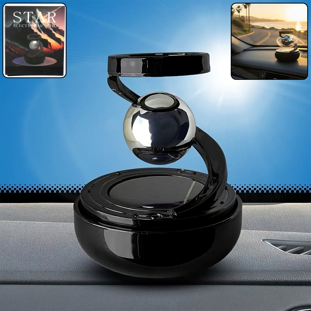 Solar-powered rotating car air freshener with galaxy design on dashboard