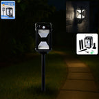 Solar motion sensor LED wall lamp mounted outdoors providing bright light