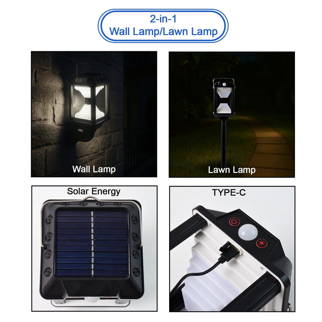 Solar LED lamp on outdoor wall with motion detection feature activated