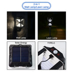 Solar LED lamp on outdoor wall with motion detection feature activated