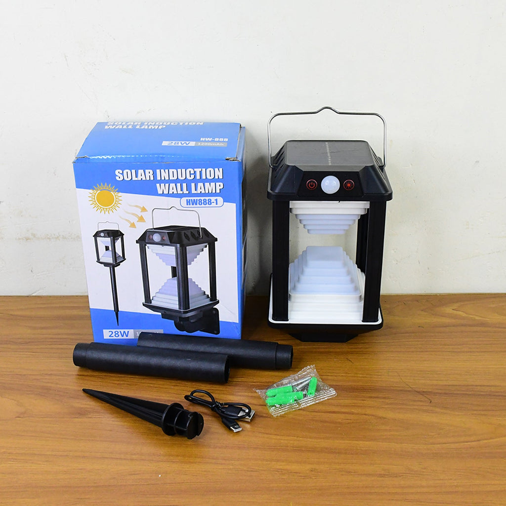 Solar motion sensor LED light illuminating backyard and garden area