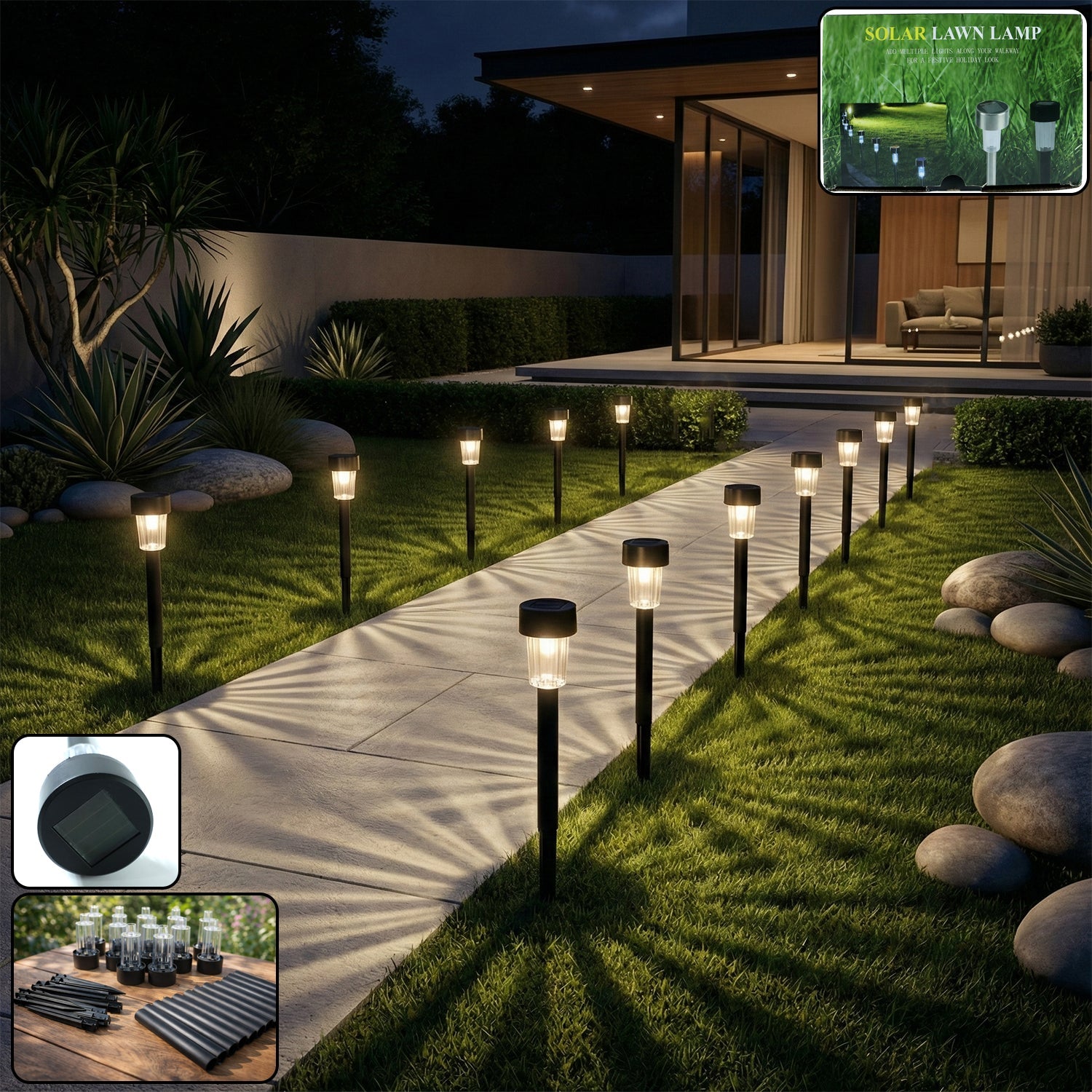 Solar powered lawn pathway light set illuminating garden pathway