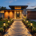 Landscape with solar powered lawn pathway lights glowing at night