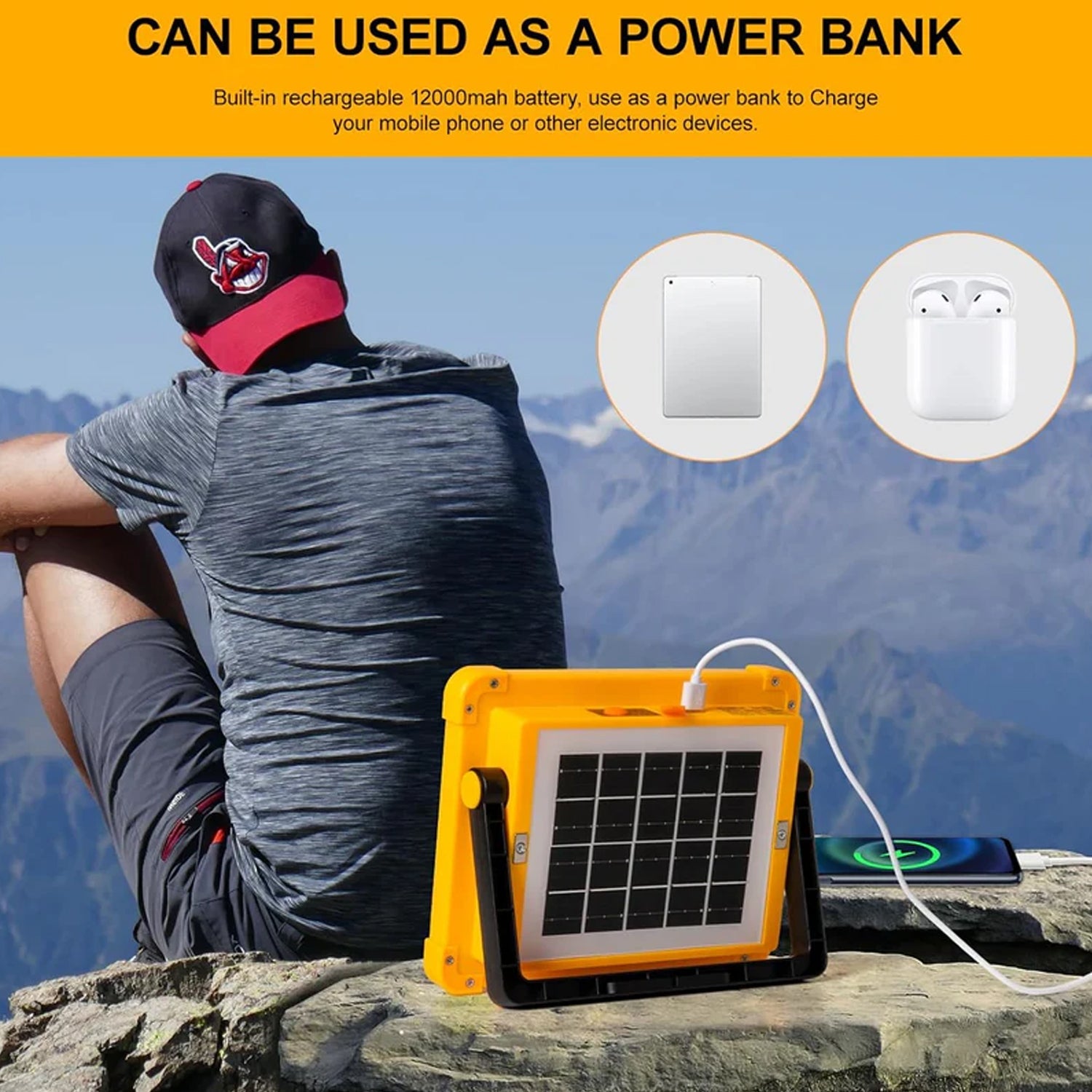 Portable solar LED flood light with adjustable stand and wide coverage