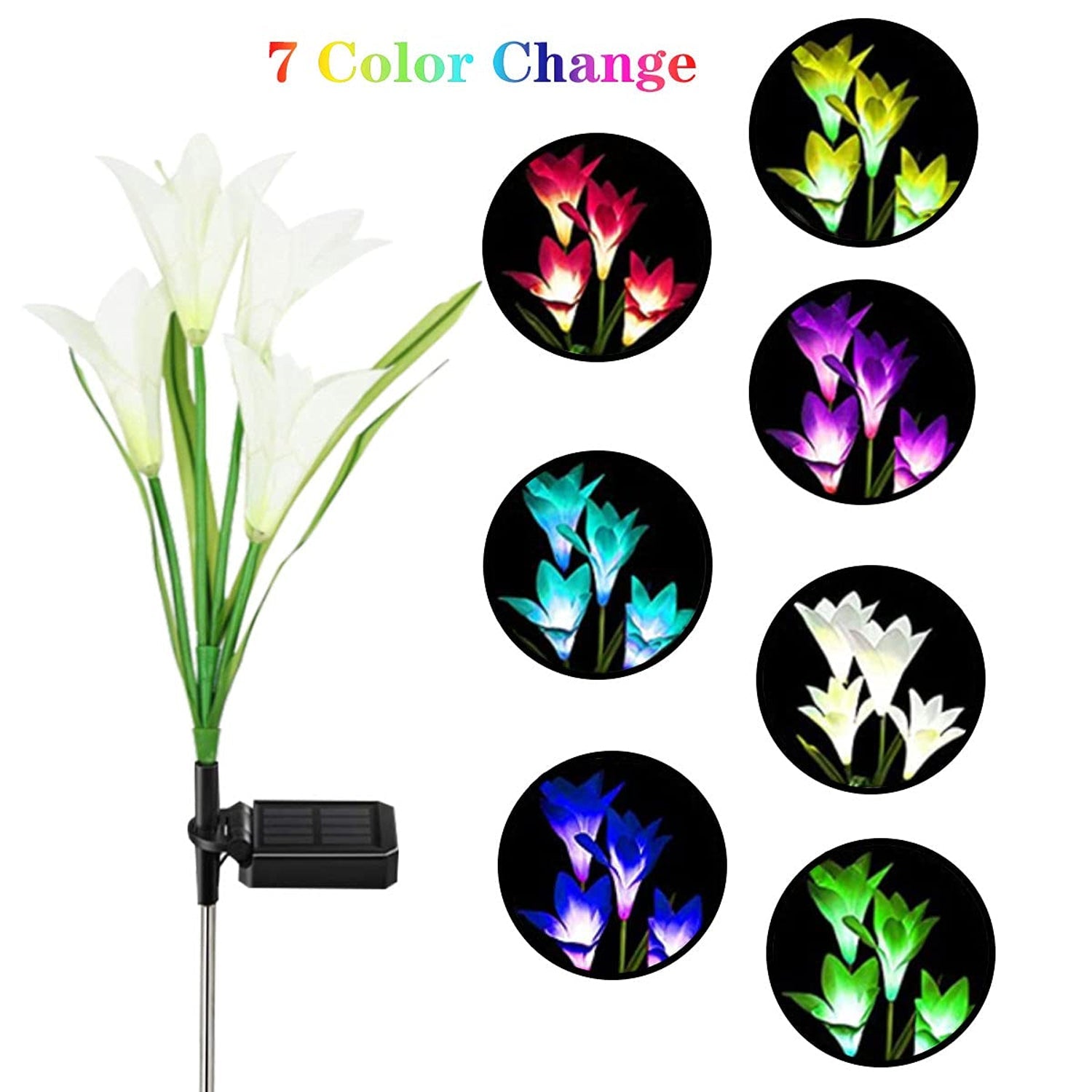 Outdoor solar garden flower lights installed in yard during nighttime