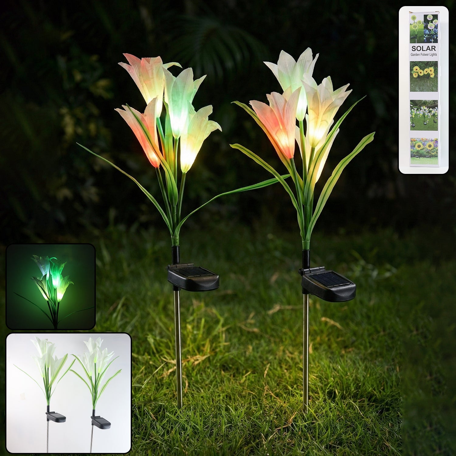 Set of two solar garden flower lights glowing with multicolour LEDs in outdoor setting