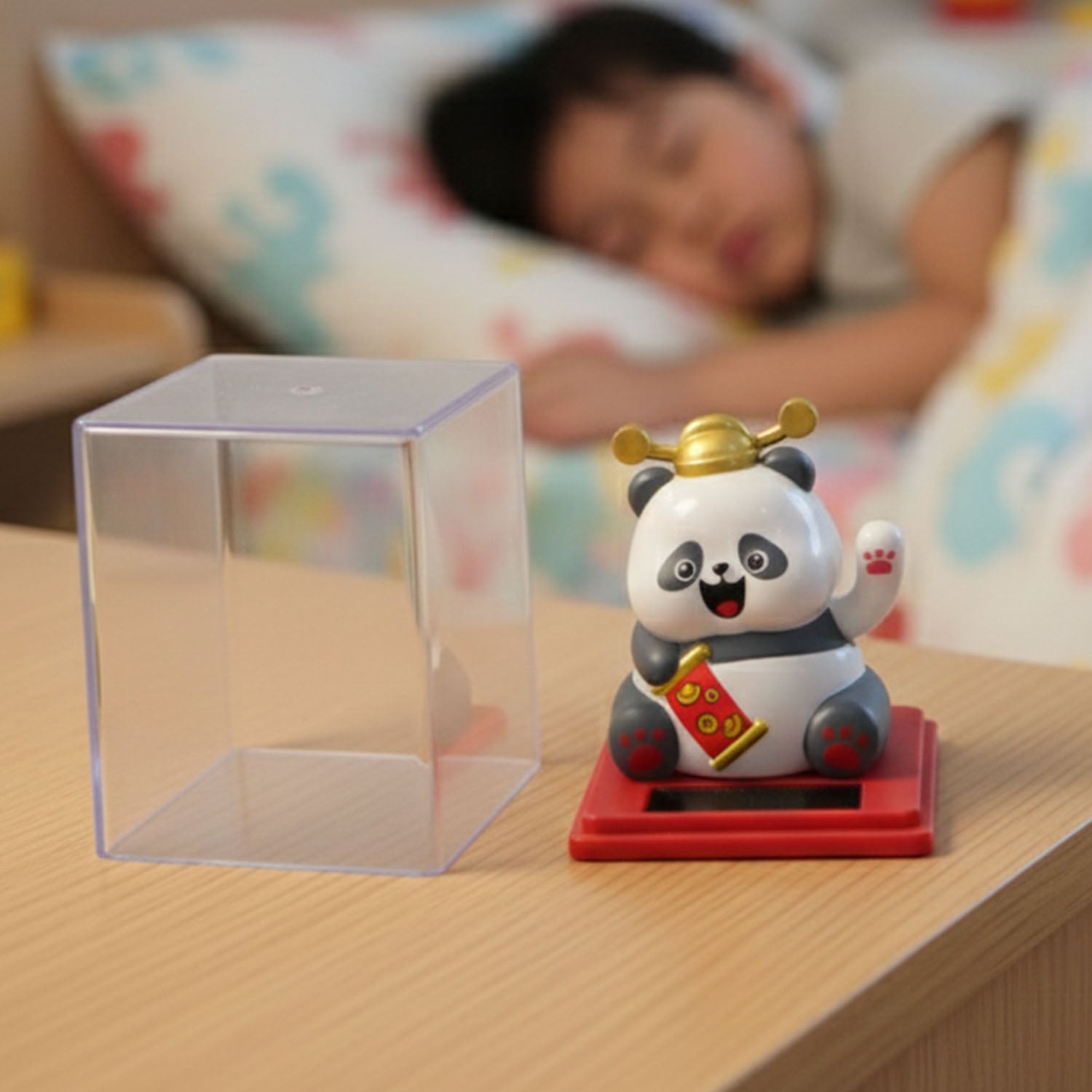 Automatic hand moving panda decor powered by solar energy
