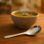 Reflective surface of stainless steel soup spoon highlighting quality finish.