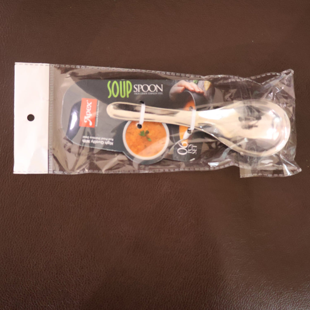A single Apex stainless steel soup spoon demonstrating its deep bowl design.