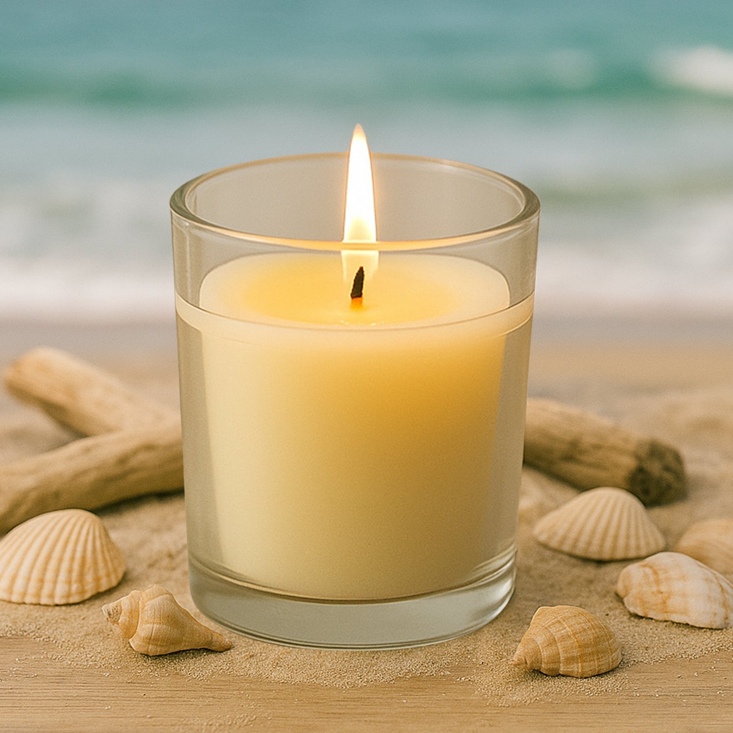 Ocean Beach scented candle in a stylish, reusable clear glass jar.