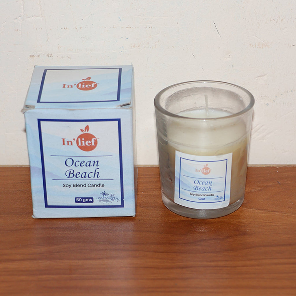 Votive candle with a calming Ocean Beach fragrance, perfect for relaxation.