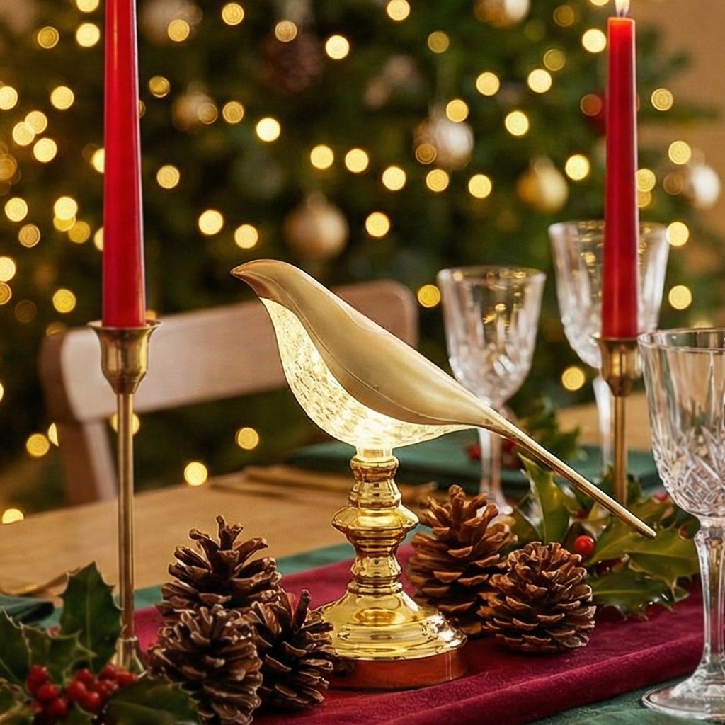 The Sparrow decorative table lamp illuminated, emphasizing its beautiful crystal design.