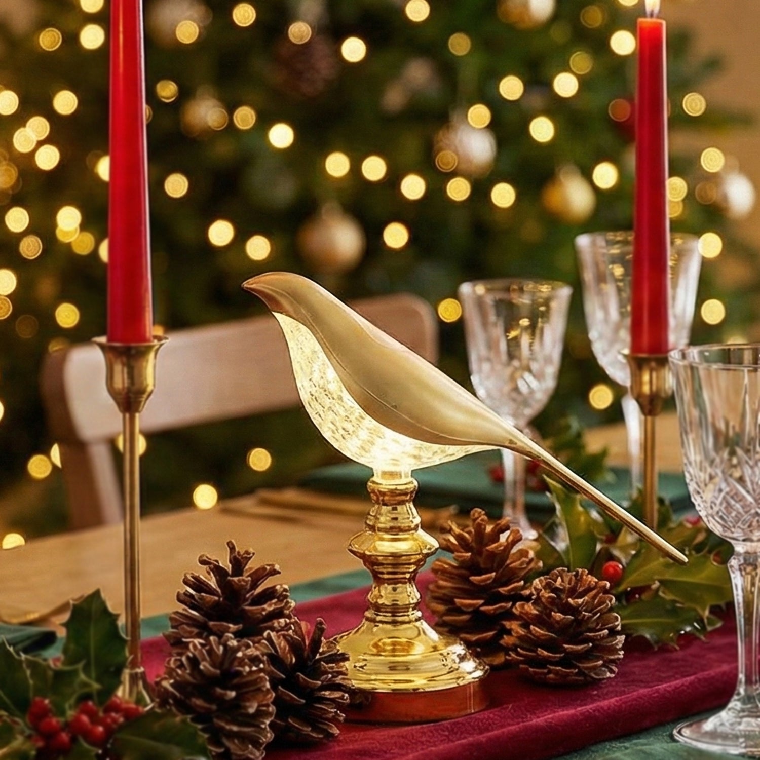 The Sparrow decorative table lamp illuminated, emphasizing its beautiful crystal design.