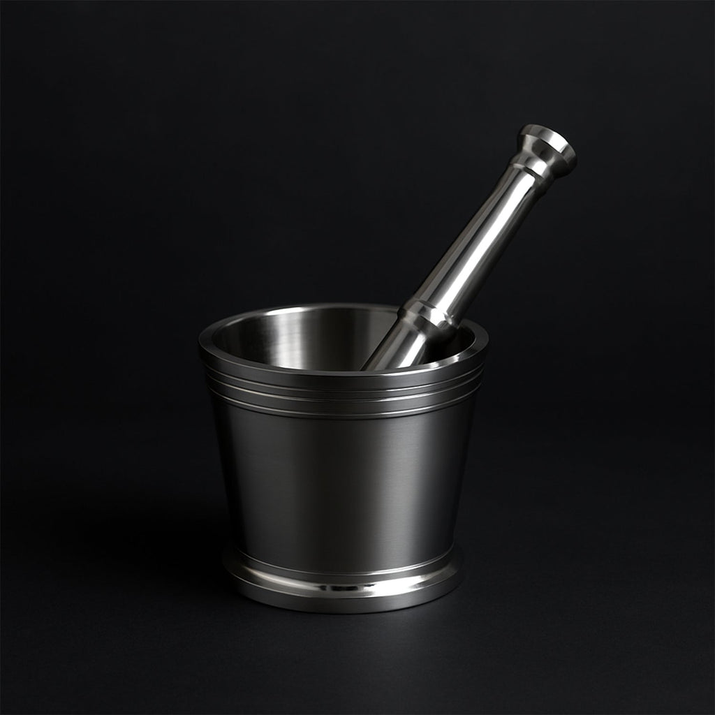 Mortar and pestle kitchen tool in stainless steel material