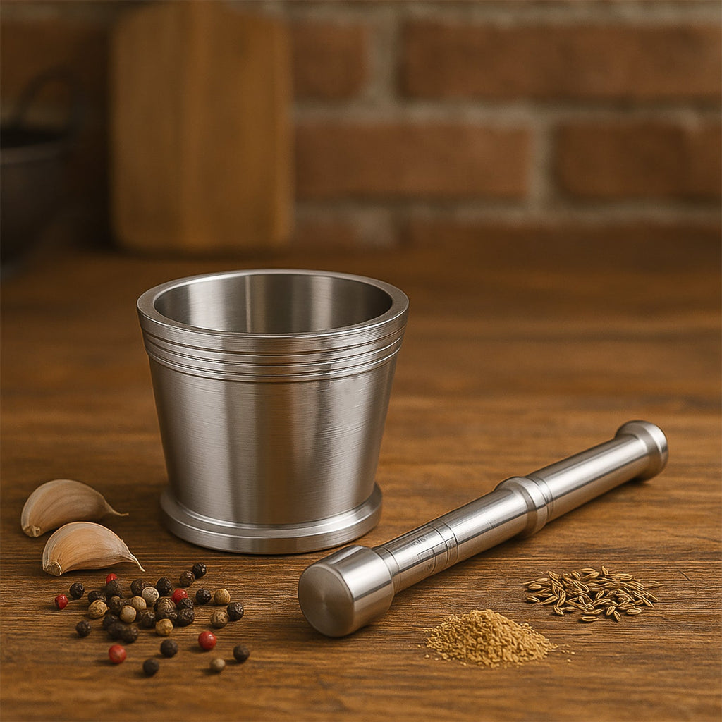 Steel mortar used for crushing kitchen spices and herbs