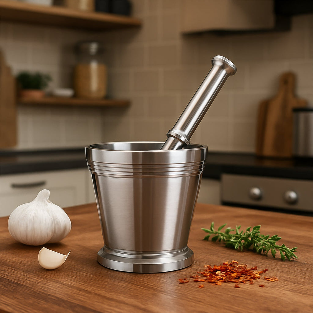 Stainless steel mortar and pestle set for efficient spice grinding