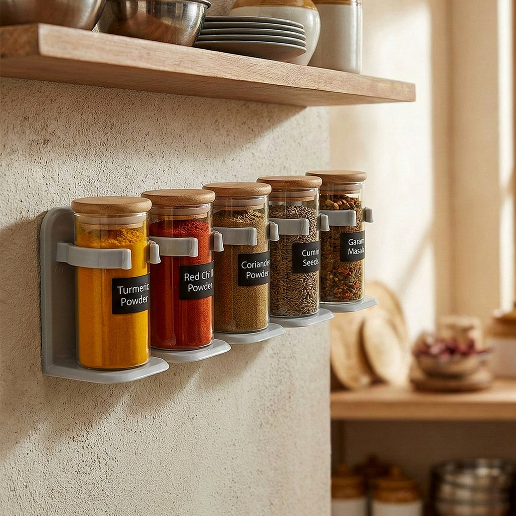 Wall mounted spice rack organizer neatly holding various spice bottles