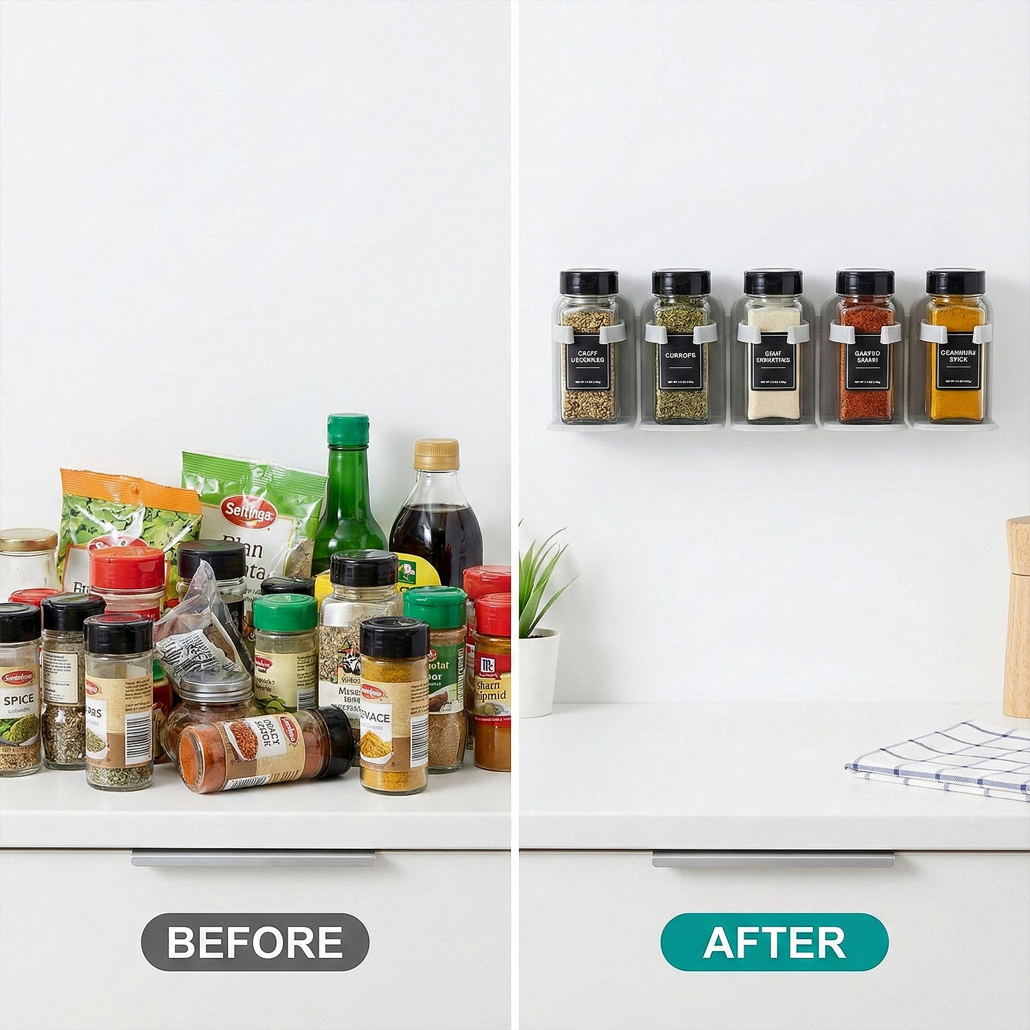 Spice jar storage rack mounted with adhesive for easy access