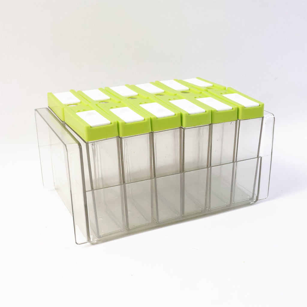 Durable plastic spice rack with fitted lids to keep spices fresh