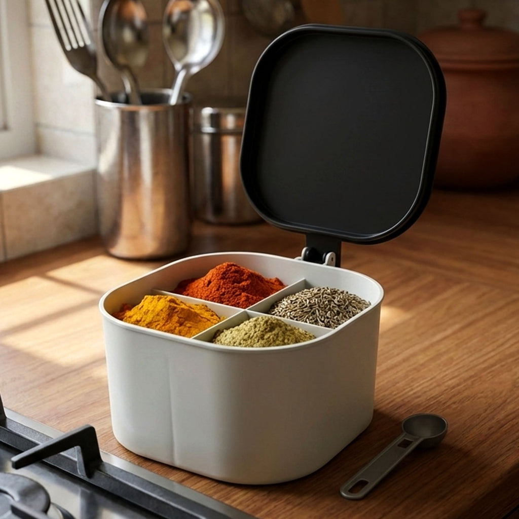 Side profile of the durable plastic spice storage box from Organivo.
