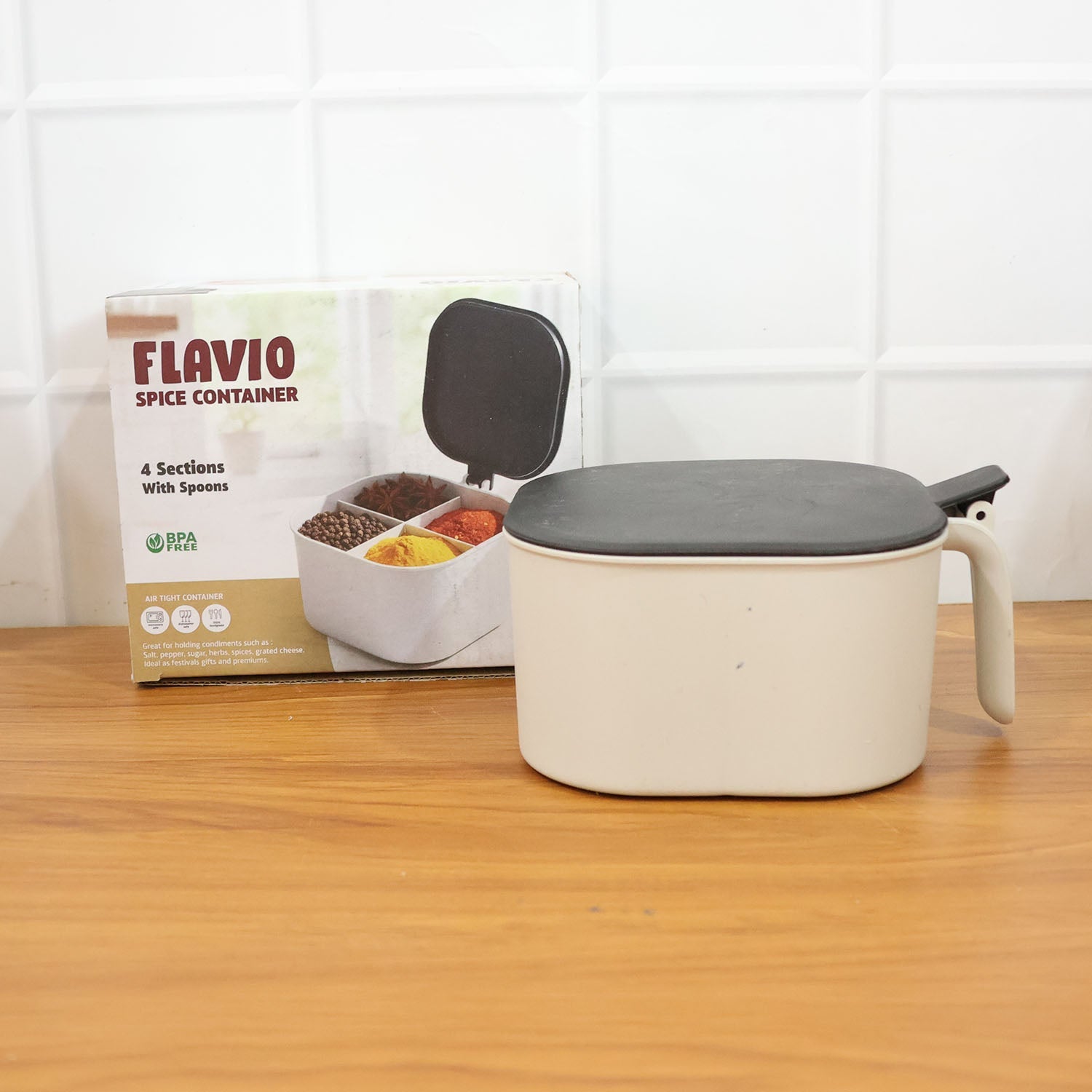 Masala box neatly placed on a kitchen counter, simplifying daily cooking.