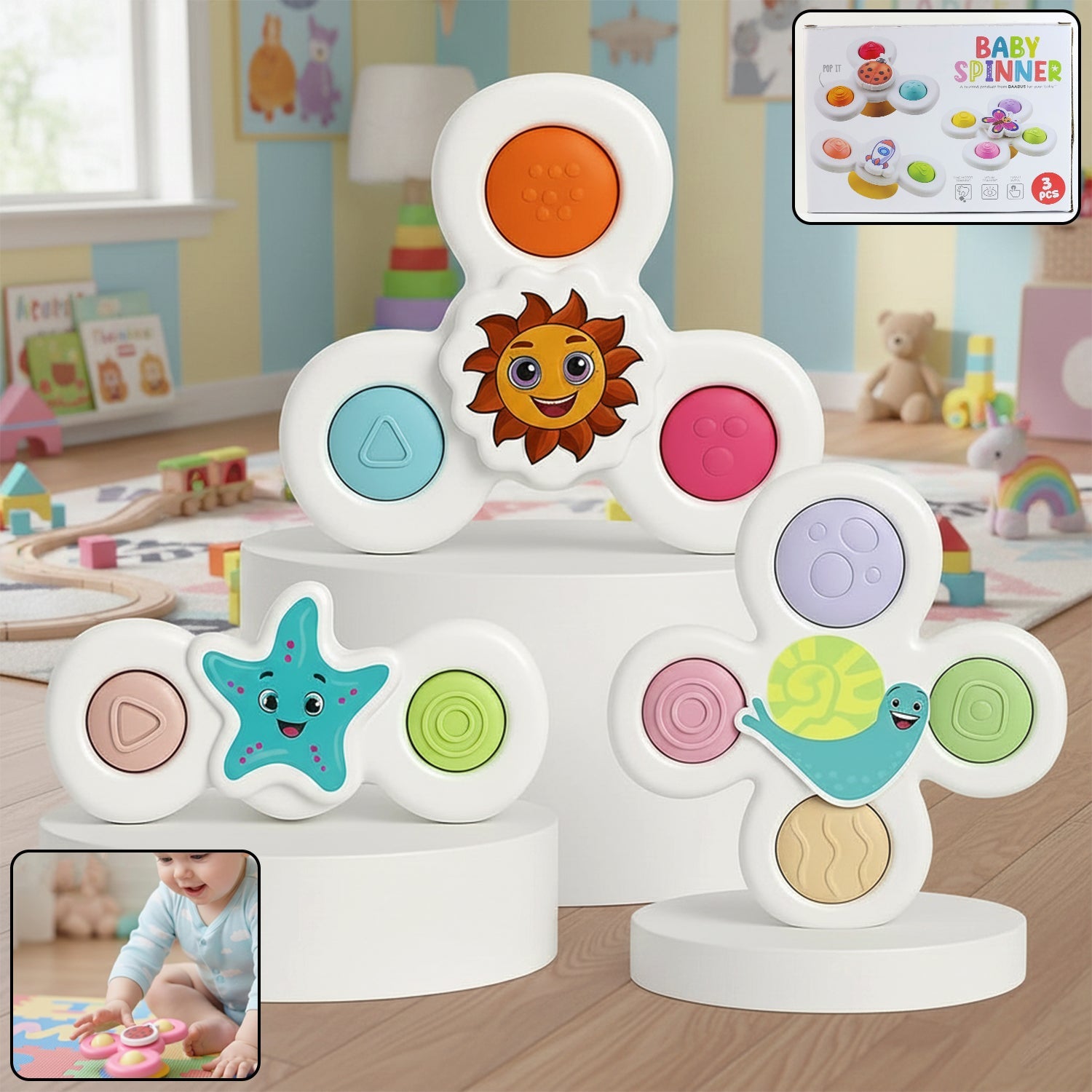 White baby spinner toy set with strong suction bases attached to high chair